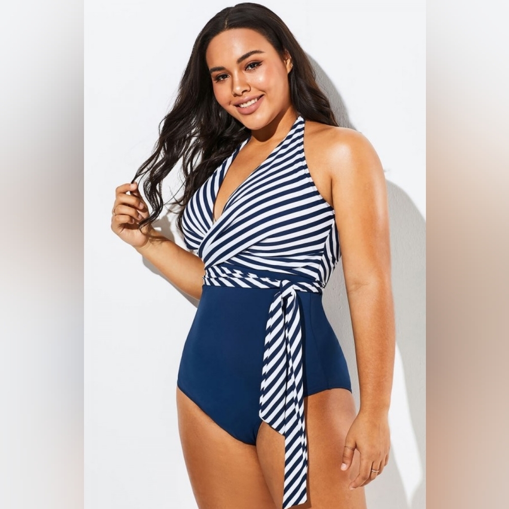 MEET.CURVE Navy & White Striped Top Faux Wrap Halter One Piece Swimsuit Size 2XL